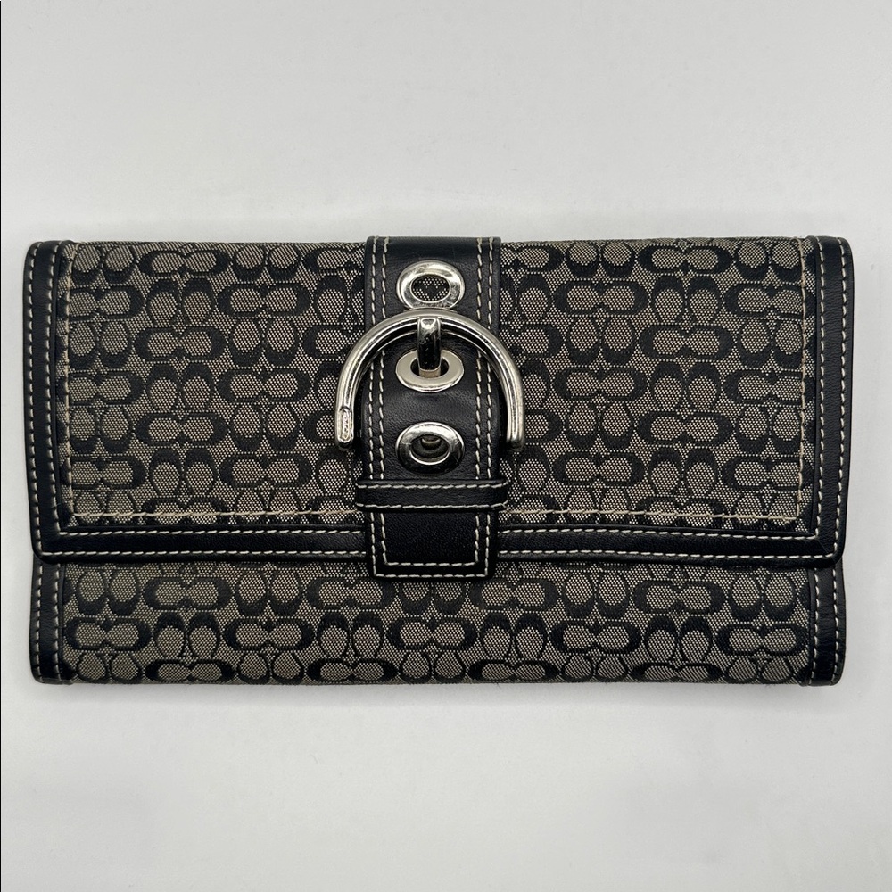 Coach Vintage Signature Monogram Long Trifold Wallet Black Canvas Silver Buckle